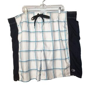 OP  White/Blue/Gray Plaid Swim Trunks Navy Sides  Drawstring Pockets 3X (48-50)